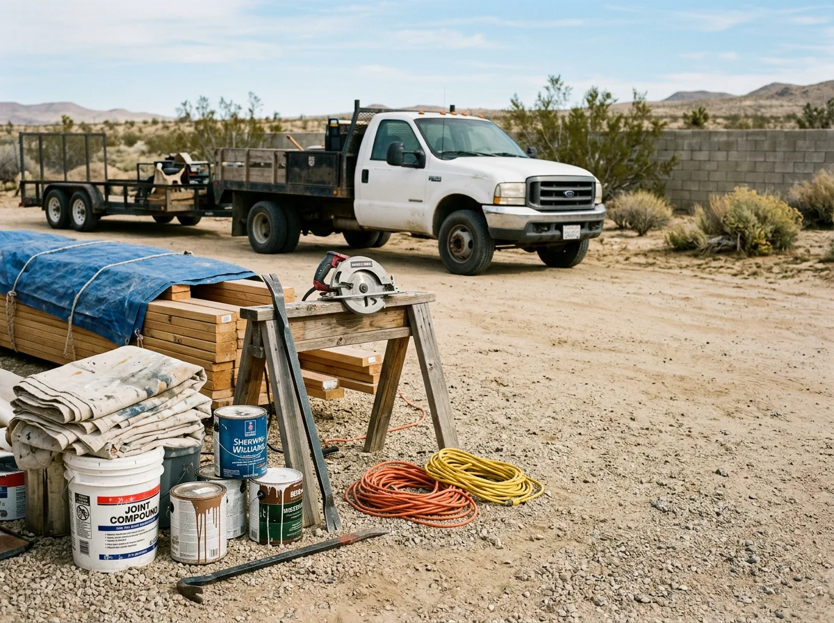 Tools and equipment arranged at a job site in the High Desert, ready for a day of painting, repair, or moving work. No people are shown in this image.
