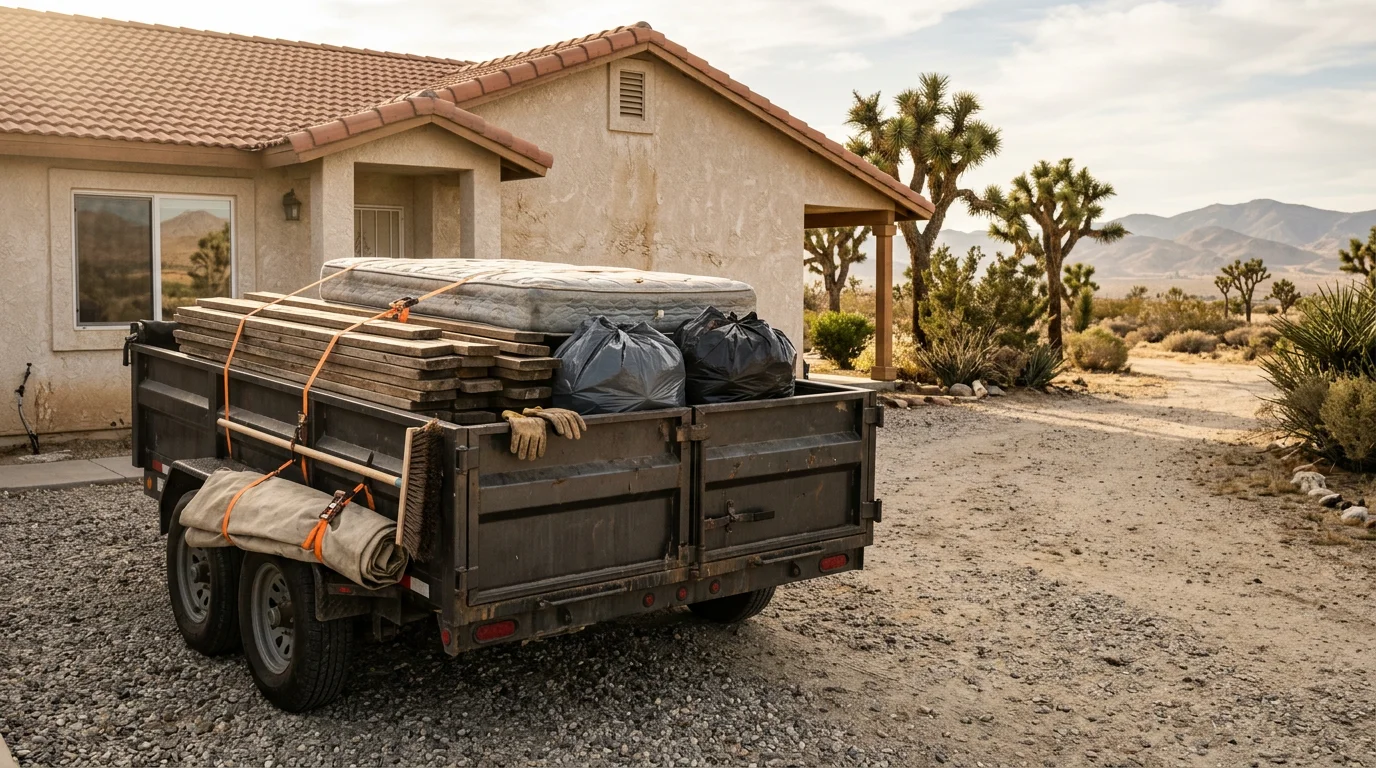 Crew loading unwanted items into a truck for junk removal in Hesperia, California