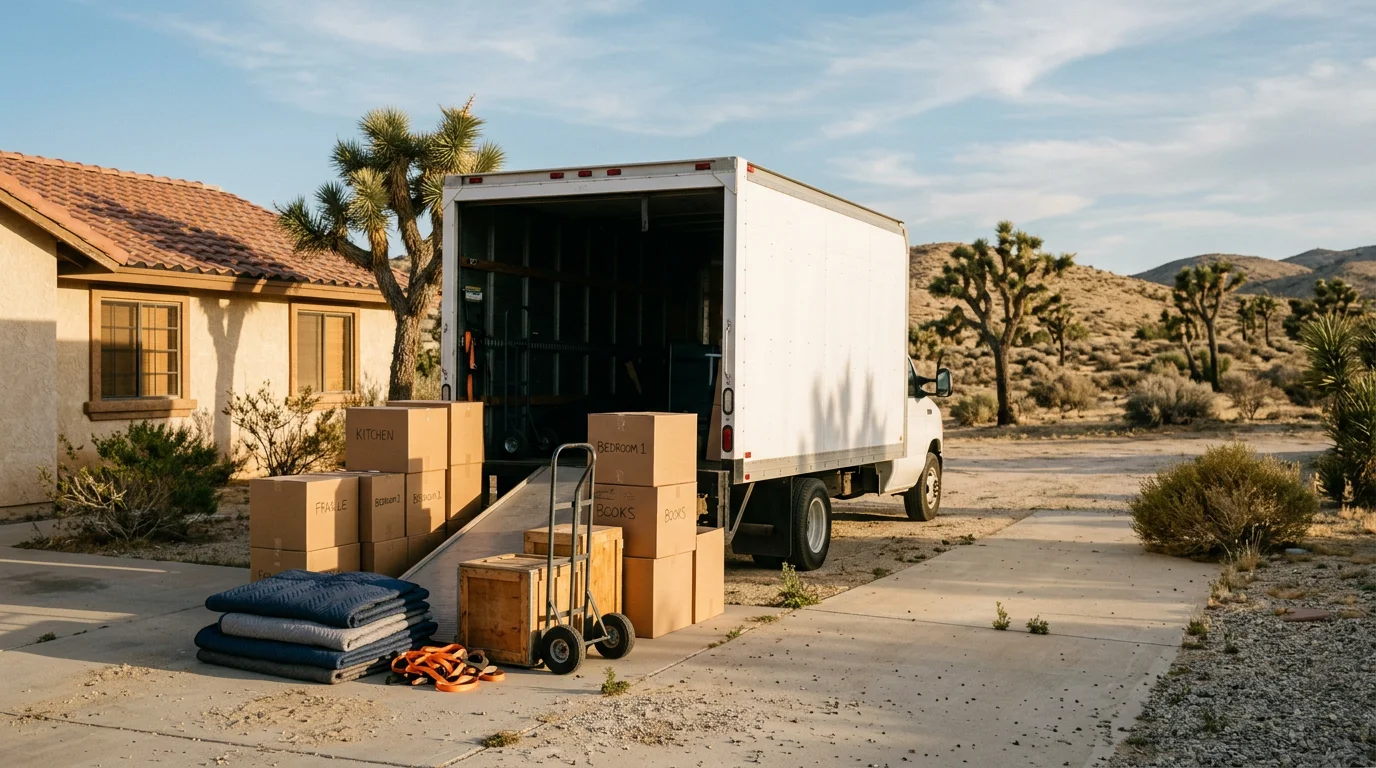Movers loading furniture onto a truck for a local move in Victorville, California