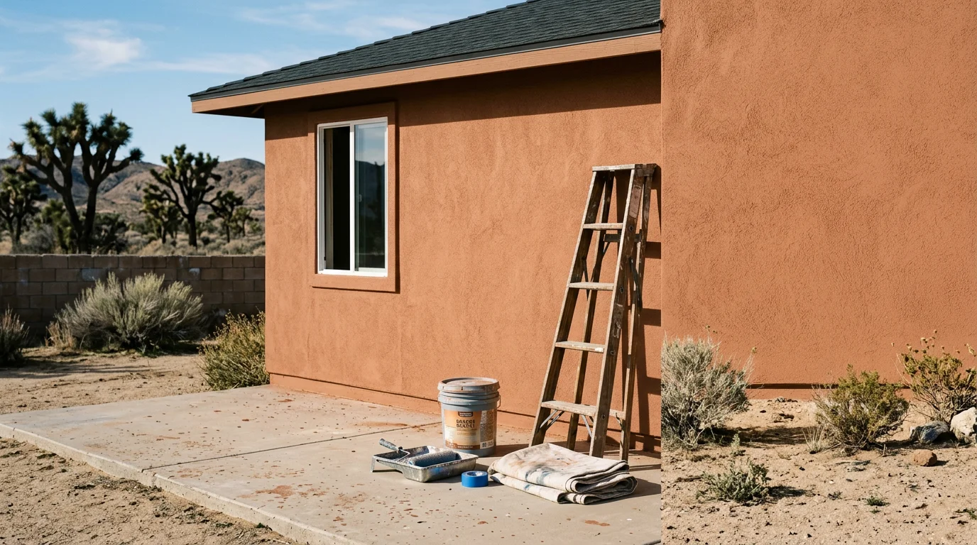 Painter applying fresh paint to a home exterior in Victorville, California