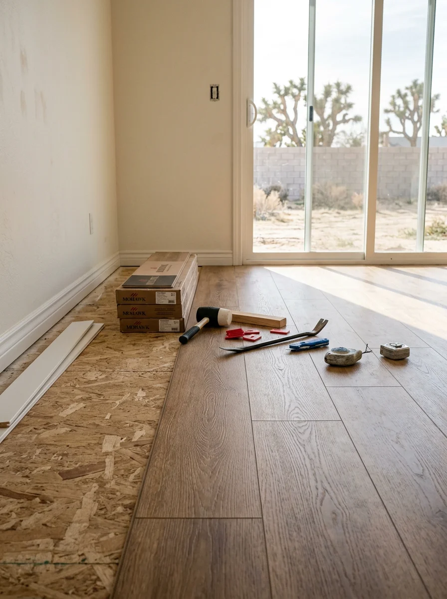 New laminate flooring being installed in the living room of an Adelanto, California tract home with desert light coming through sliding glass doors.