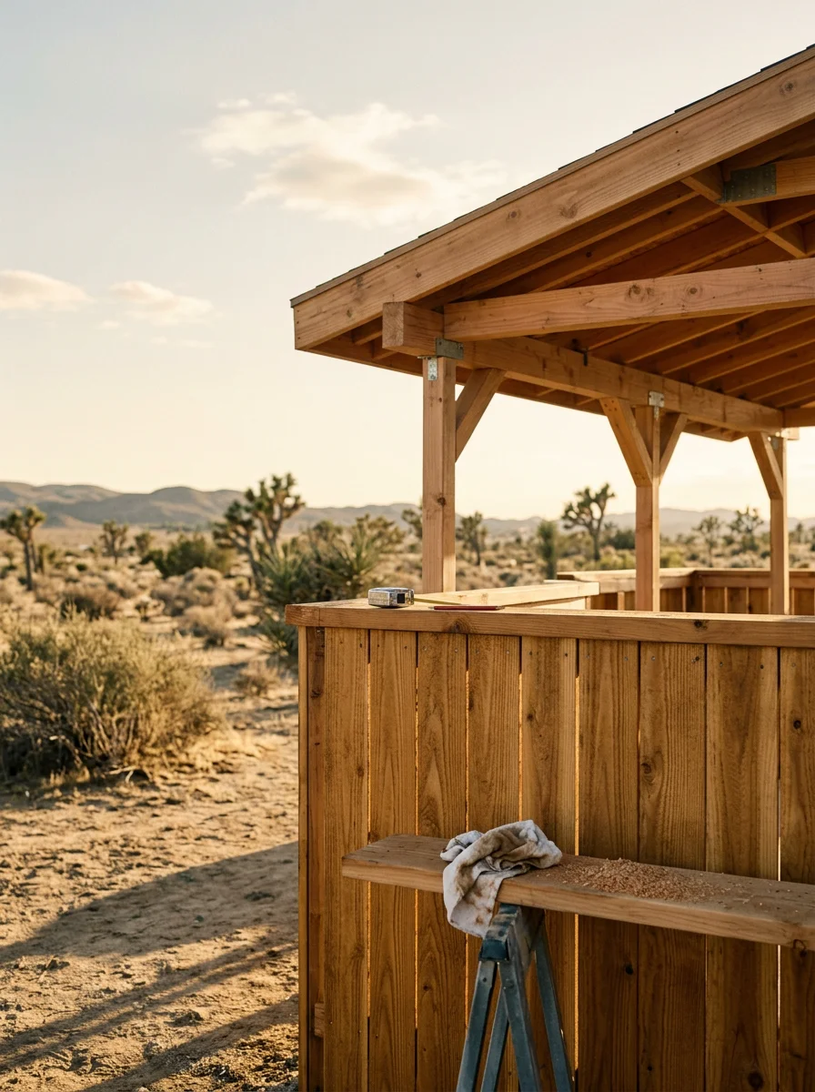 Close-up of freshly stained wood fencing and a covered patio structure on an Apple Valley property with open desert views.