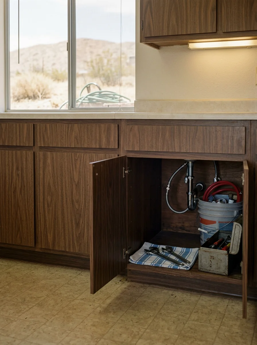 Close-up of a plumber repairing an aging water fixture under a sink in a Barstow home with original 1970s cabinetry.