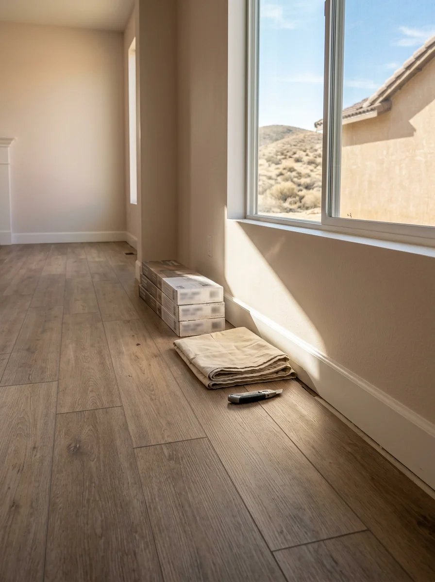 Interior view of a Hesperia home showing newly installed wood-look flooring in a bright living room with natural light from a large window.