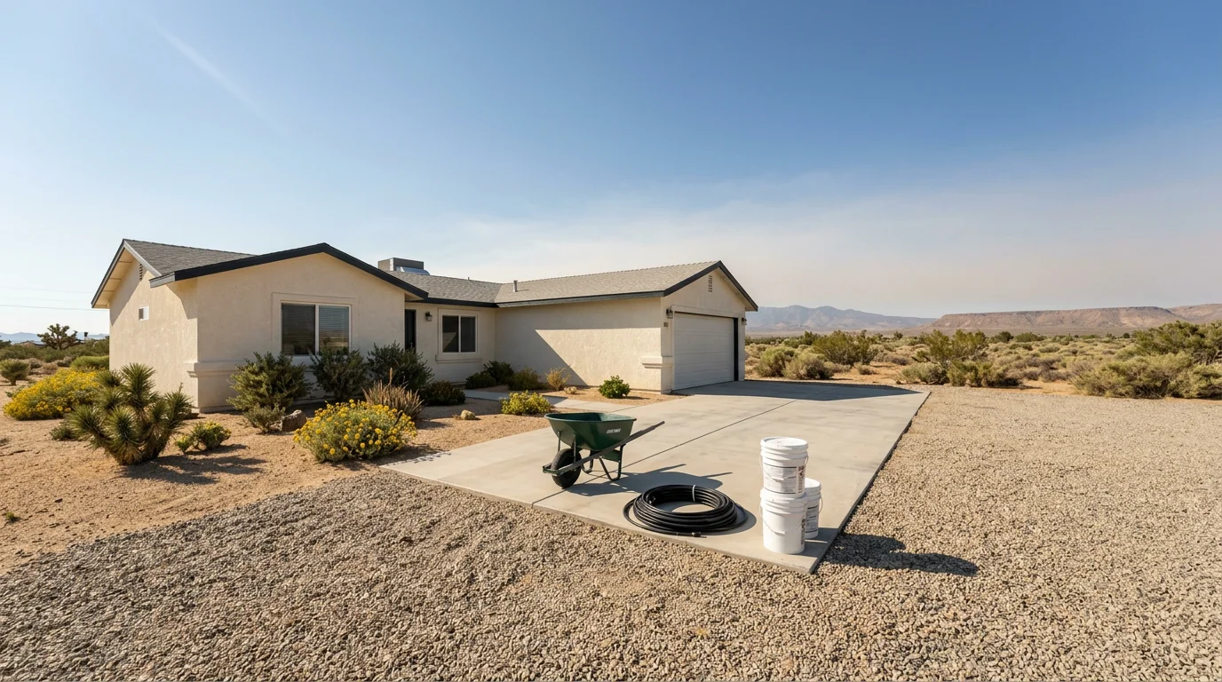 Freshly painted stucco exterior of a single-family ranch home in Hesperia, California, with desert landscaping and a clear blue High Desert sky.