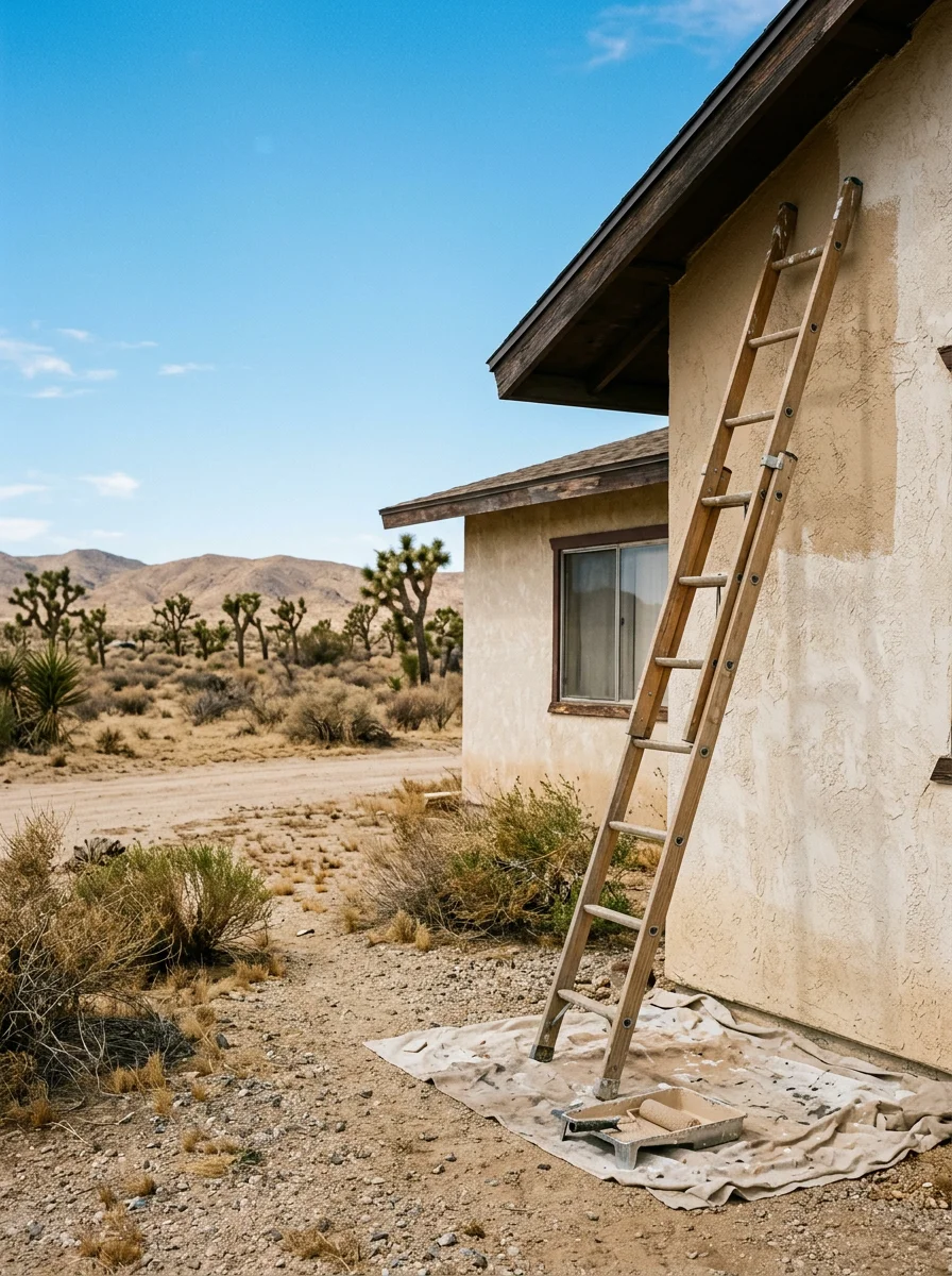 Painter on a ladder working on the exterior of a High Desert California home with open desert scrubland and a clear blue sky in the background.
