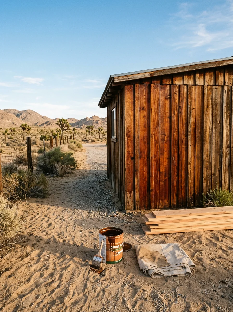 Worker staining a weathered wood outbuilding on a Lucerne Valley, California acreage property with open desert terrain and a clear sky overhead.