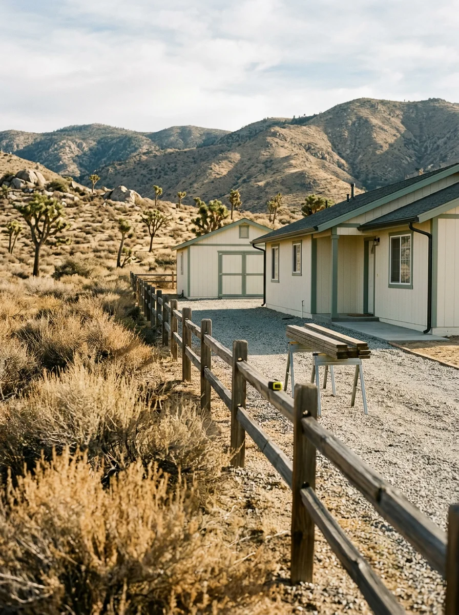 Freshly painted main house and outbuilding on a Phelan, California horse property with split-rail fencing and open desert terrain.