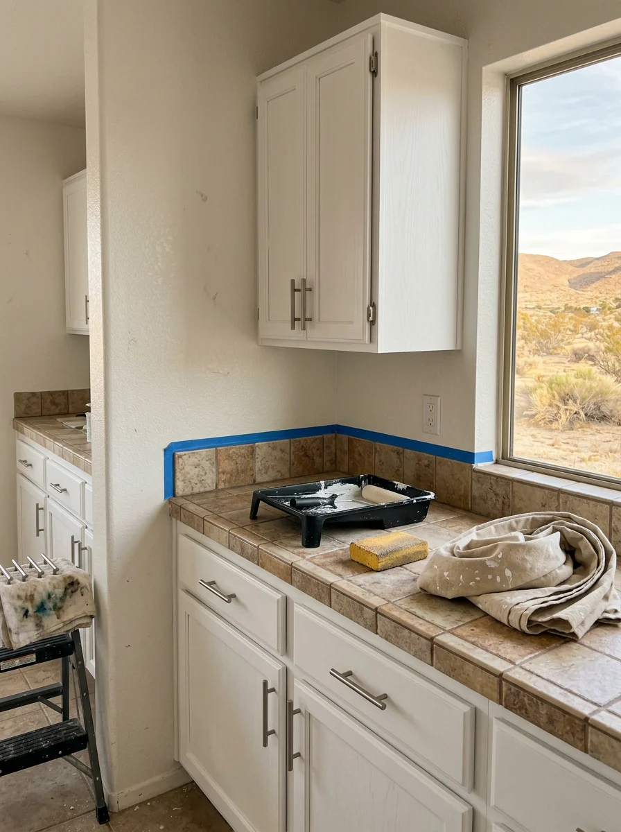 Refinished kitchen cabinets in a 1980s Victorville home, painted a clean white with updated hardware against tile countertops.