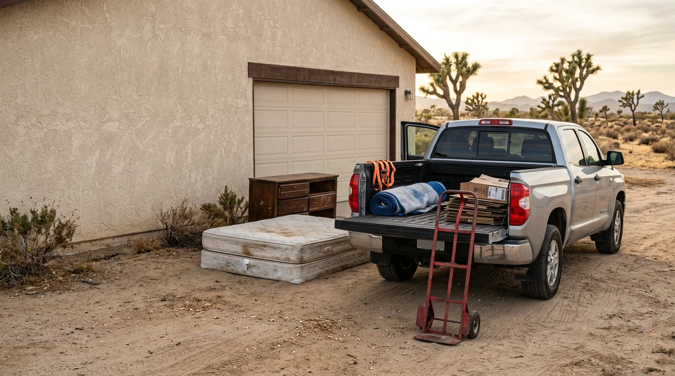 A cleared Hesperia garage with old furniture, appliances, and boxed clutter removed, showing an empty concrete floor and open space. A Turks Wurks truck is visible in the driveway of a single-family home in the High Desert.