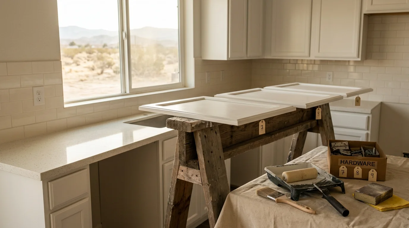 Freshly painted white kitchen cabinets with a semi-gloss finish in a Hesperia, California home. Cabinet doors are reinstalled and hardware is in place, showing the completed result of a professional cabinet painting project.