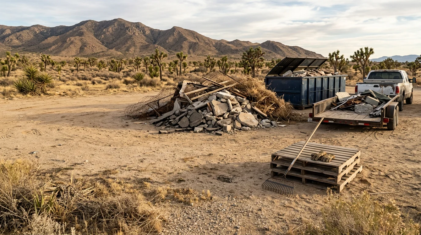 A cleared Hesperia backyard after debris removal, with broken concrete, old fencing, and dry brush hauled away from a High Desert property. The open lot shows bare, clean ground with no remaining rubble or waste piles.