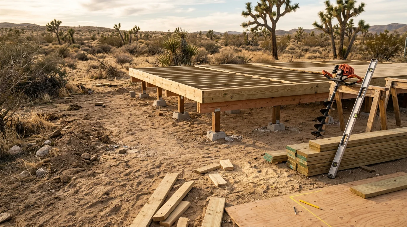 A newly built wood deck attached to a single-family home in Hesperia, California, with concrete post footings visible at the base and a clear High Desert sky overhead. The deck features a simple railing and open framing suited to the sunny, arid conditions of the San Bernardino County region.