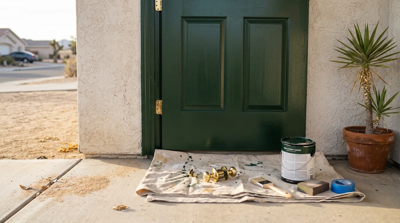 A freshly painted exterior front door on a single-family home in Hesperia, California, showing clean edges and a smooth finish. The door surface shows no peeling or fading, with hardware reinstalled after painting.