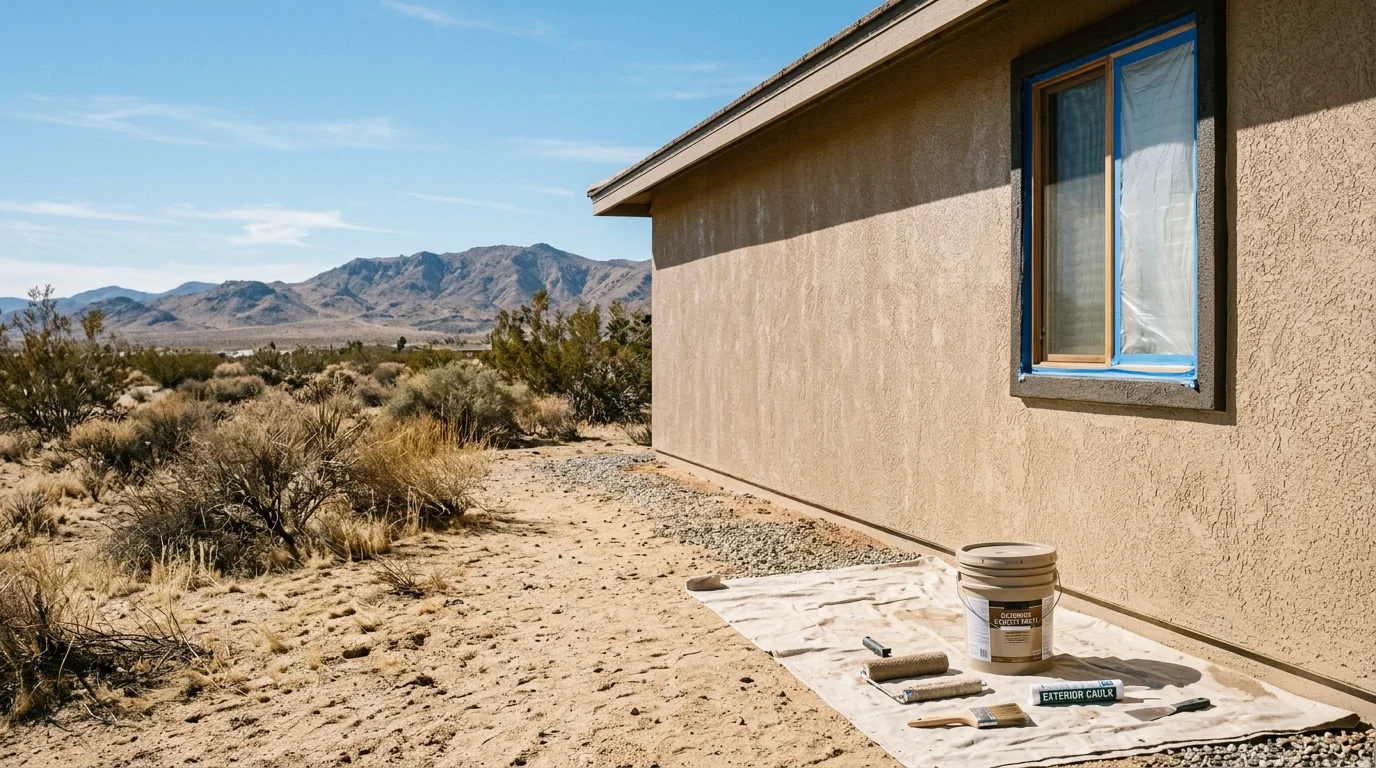 Freshly painted stucco exterior of a single-family home in Hesperia, California, showing clean lines and a neutral earth-tone color under bright High Desert sunlight. Turks Wurks exterior painting service result in the Victor Valley area.