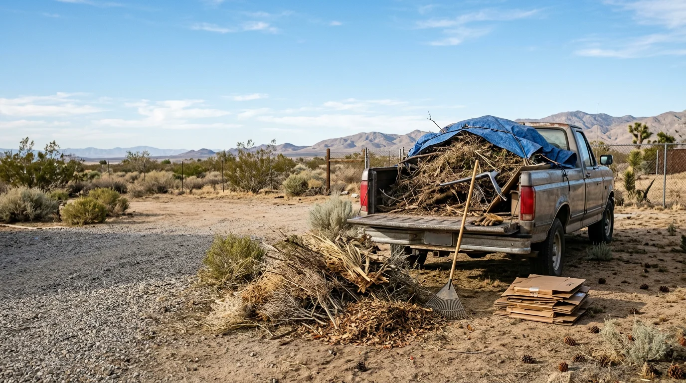 A cleared residential yard in Hesperia, California with dry brush, dead weeds, and loose debris removed from the property. A junk removal truck is parked at the curb with the hauled yard waste loaded in the bed.