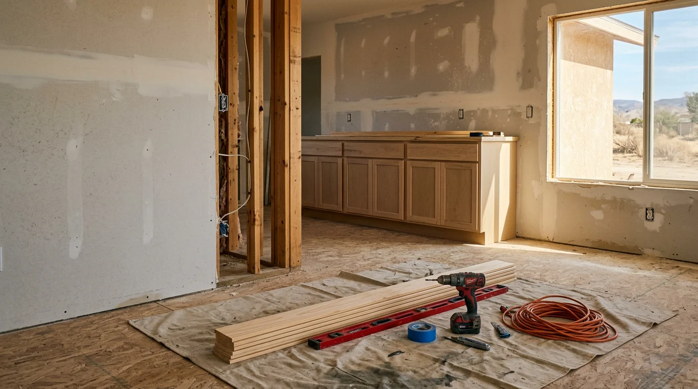 Renovated interior of a single-story home in Hesperia, California, showing updated kitchen and living area. General contractor work completed in the High Desert region.
