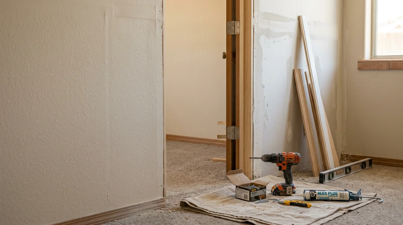 A general contractor completing an interior home repair in a Hesperia, California residence, with tools and materials visible on a workbench. The repair addresses visible wall and fixture damage common in High Desert homes.