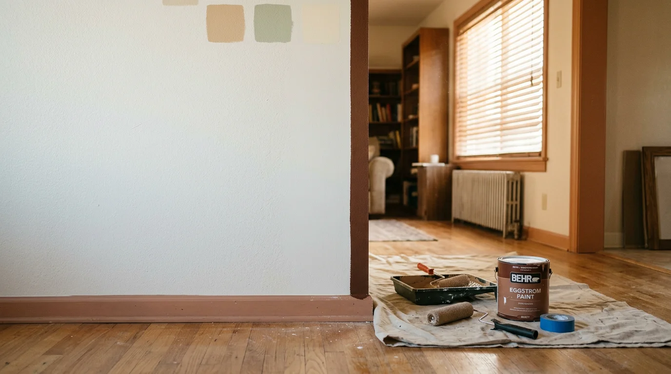 Freshly painted living room interior in a Hesperia, California home showing smooth walls, clean trim lines, and covered flooring during the painting process. A High Desert residential interior painting project by Turks Wurks.