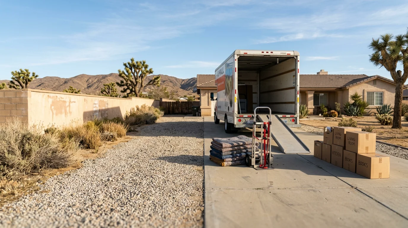 A moving truck parked on a wide residential lot in Hesperia, California, with desert landscape in the background and household furniture being loaded through an open front door. The scene shows a typical High Desert single-family home move on a clear, sunny day.