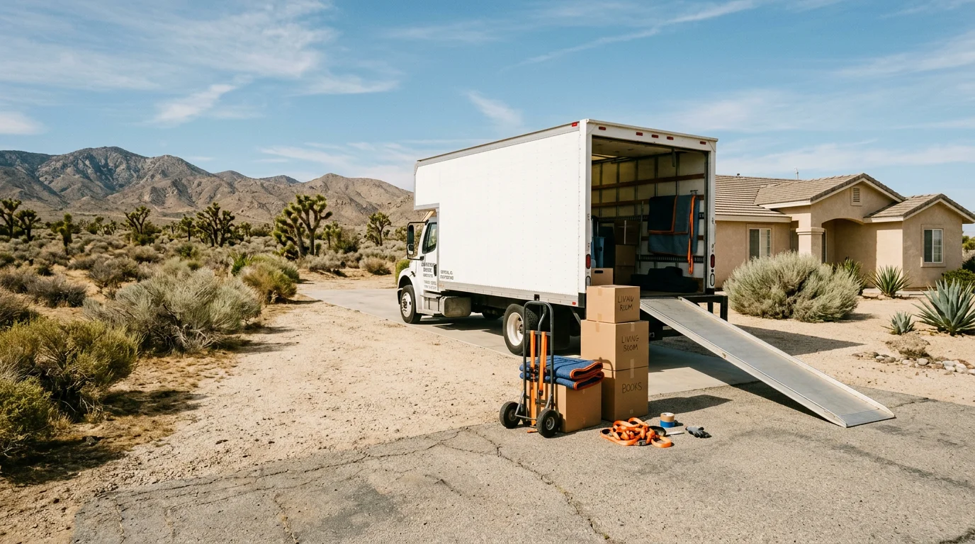 A moving crew loading boxed household goods and wrapped furniture onto a moving truck in a residential driveway in Hesperia, California, with the High Desert landscape visible in the background.