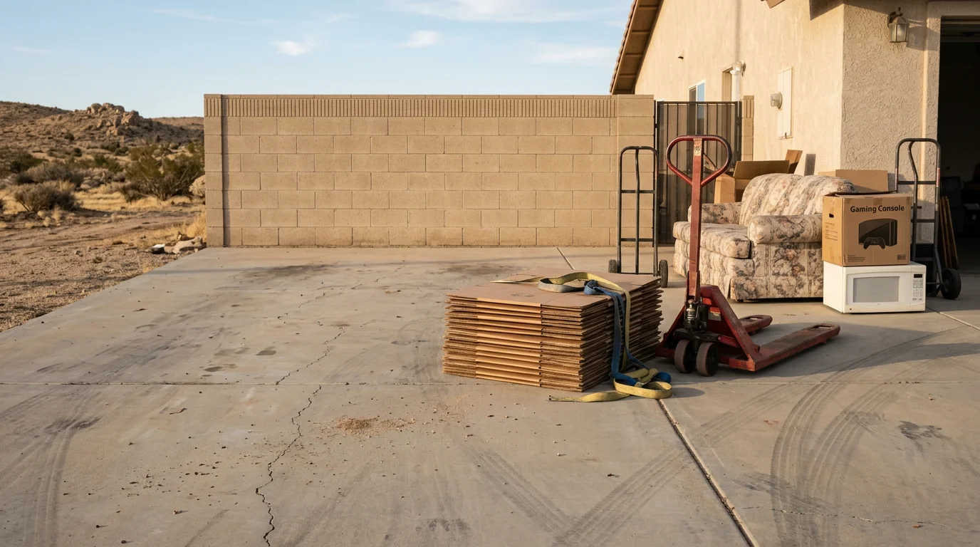 A cleared Hesperia living room after moving-related junk removal, with a sofa and stacked boxes removed and the floor space open. Turks Wurks truck visible in the driveway of a single-family home in the High Desert.