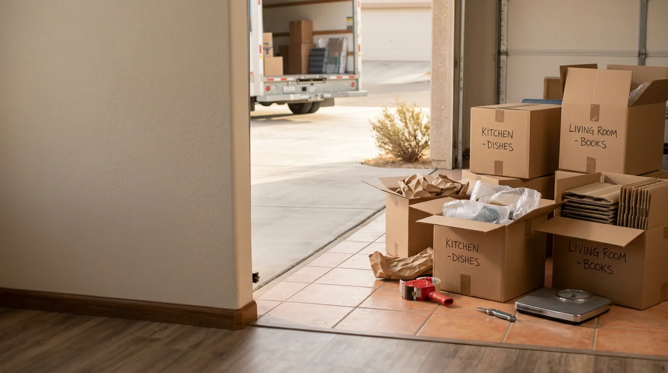 Neatly stacked and labeled moving boxes packed for a residential move in Hesperia, California, staged near the front door of a single-family ranch-style home on a wide desert lot. Wrapped fragile items and sealed cartons organized by room are visible, ready for loading onto a moving truck in the High Desert.