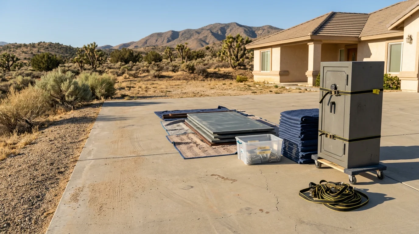 A large sectional sofa being carefully carried through the front entrance of a single-family home in Hesperia, California, with movers using furniture pads to protect the piece during the move.