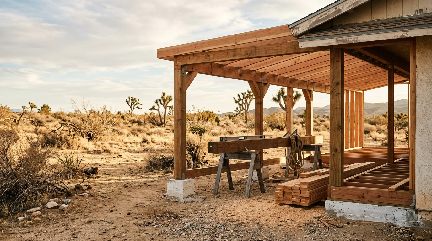 A newly constructed covered front porch on a single-family home in Hesperia, California, showing structural columns, a framed roof tied into the existing roofline, and a concrete base suited for High Desert conditions.