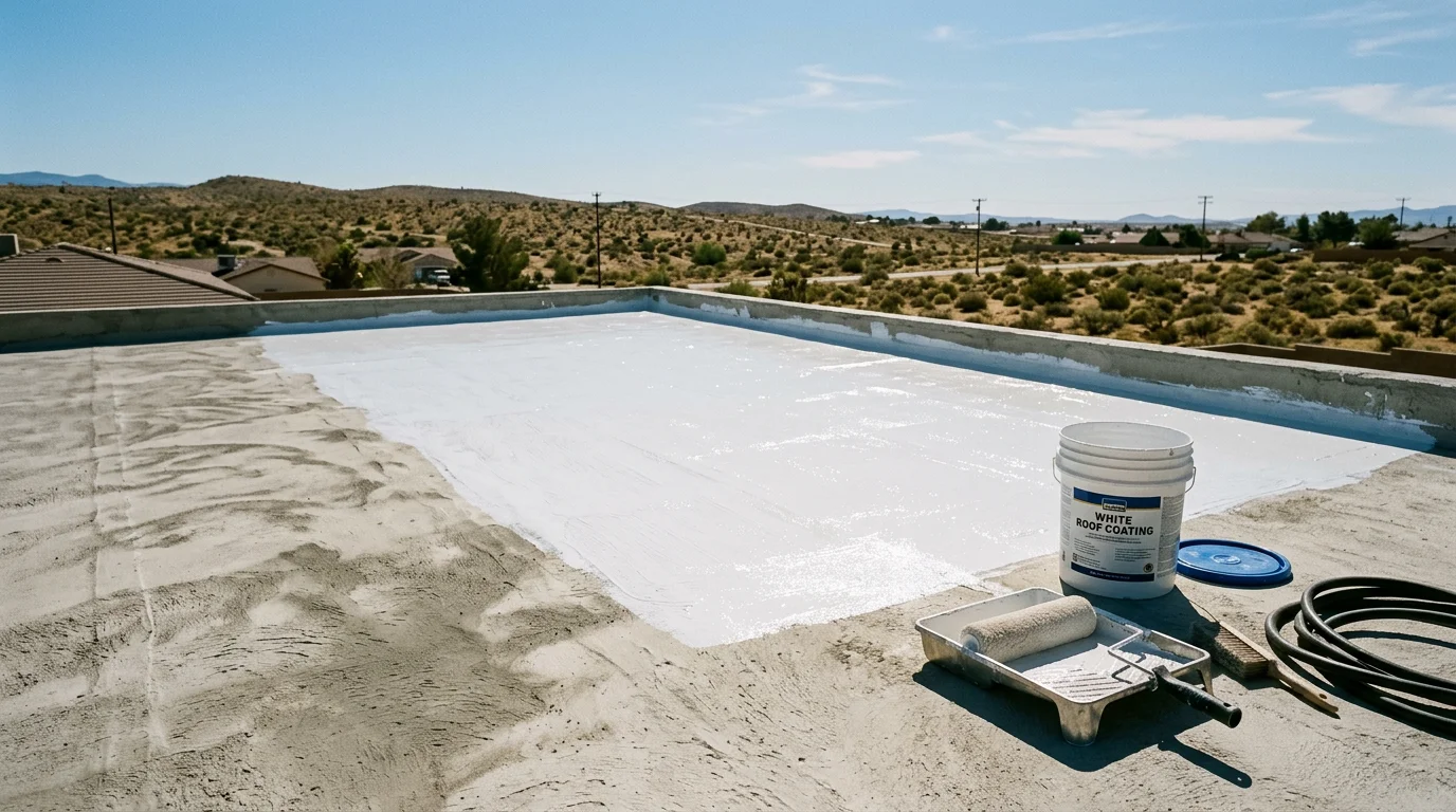 A freshly coated flat roof on a single-story home in Hesperia, California, showing a light-colored reflective surface under bright High Desert sunlight. The finished coating covers the full roof field with a clean, even finish.