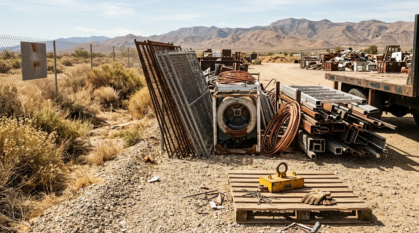 A pile of mixed scrap metal including steel framing, aluminum pieces, and copper pipe loaded for removal from a residential property in Hesperia, California. A junk removal truck is visible in the background on a dry High Desert lot.