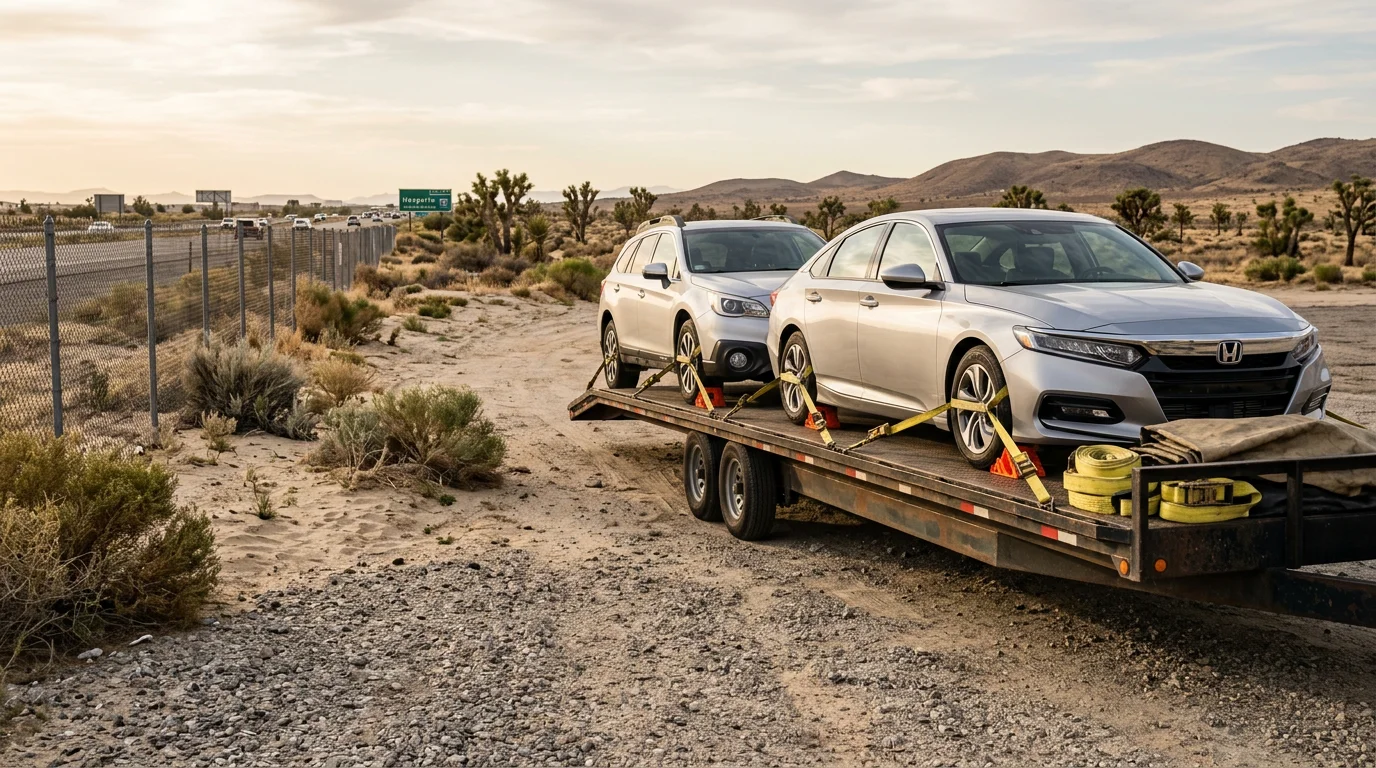 A vehicle loaded onto an open multi-car carrier trailer on a wide road in the High Desert near Hesperia, California, with clear blue sky and desert terrain in the background. The carrier is staged in a commercial lot to accommodate the residential street nearby.