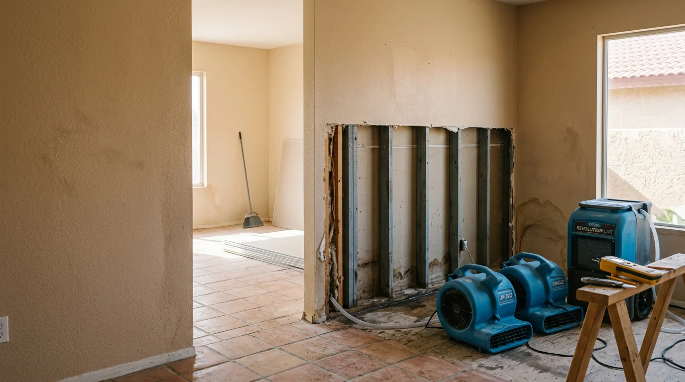 Interior of a Hesperia home showing water-damaged drywall and flooring being assessed for repair. A moisture detection tool is in use near a baseplate to locate trapped water inside the wall cavity.